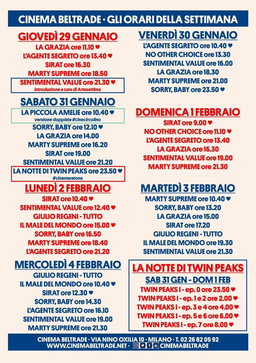 E anche questa settimana al #CinemaBeltrade continuiamo con tante occasioni speciali per  emozionarci con parole e immagini, in originale fin oltre mezzanotte! Ecco il programma completo, con grandi film vecchi e nuovi, tra tanti eventi unici: ♥️ facebook.com/share/p/1CBsny…
