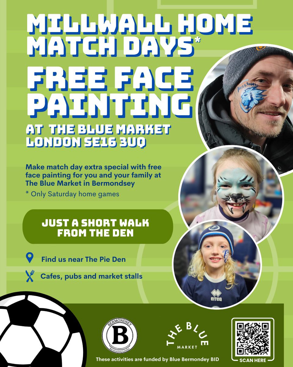 bluebermondsey's tweet photo. Community activity
FREE FACE PAINTING from 12.30am at @thebluemarket  on @MillwallFC home games on Saturdays.

Market Place, Bermondsey, London SE16 3UQ
(next to The Pie Den stall)

Read more: https://t.co/2PxUdNw216 https://t.co/EVX6Lwo03n