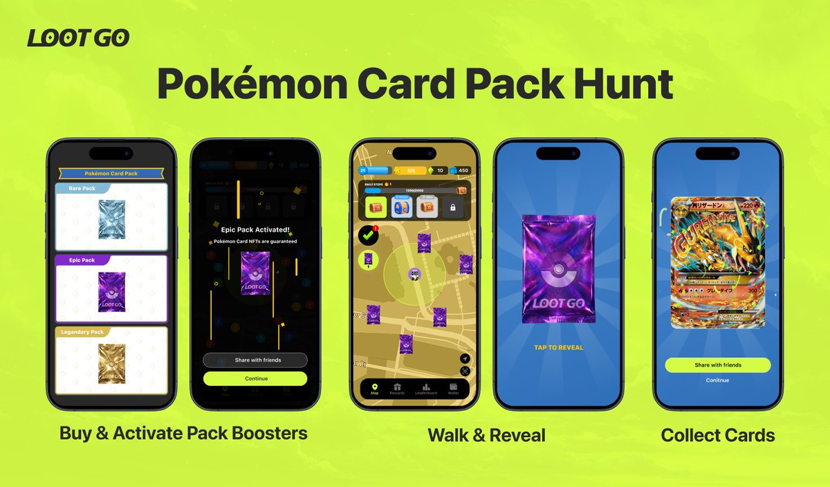 LootGO’s Pokémon Card Pack Hunt:

1️⃣ Buy and Activate a Pack Booster
2️⃣ Walk and reveal cards on the map
3️⃣ Collect cards

Your city is now a Pokémon Card hunting ground!

Signup before the Pack Hunt beings Feb 3: lootgo.app/app