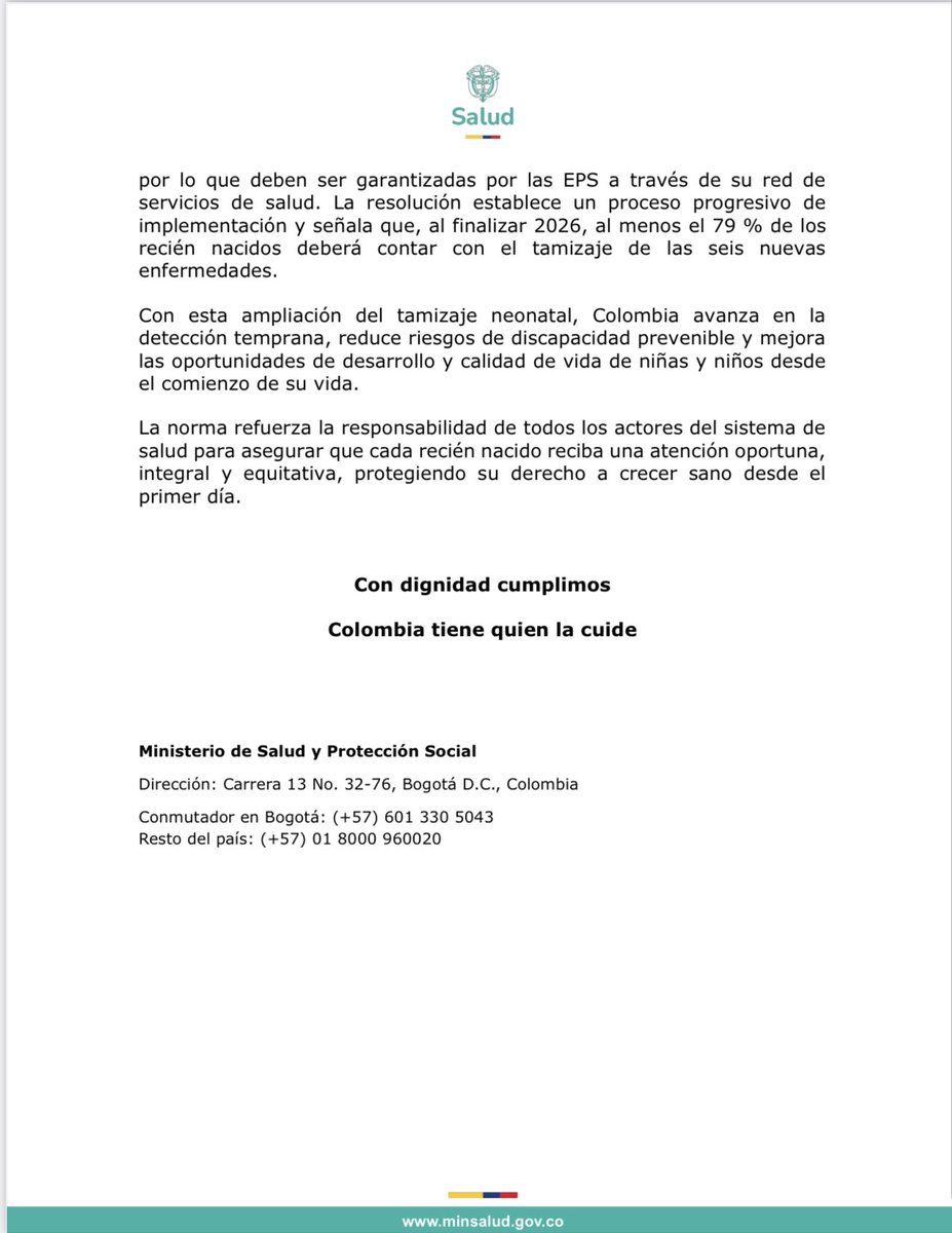 #Comunicado | #Minsalud expidió la Resolución 117 de 2026, con la que amplía el Programa de Tamizaje Neonatal y ordena la toma obligatoria de seis nuevas pruebas de tamizaje a todos los recién nacidos, con el fin de detectar de manera temprana enfermedades congénitas que pueden
