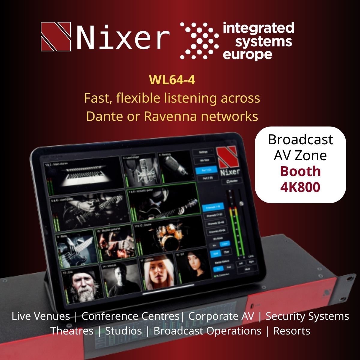 NixerProAudio's tweet photo. We're bringing our WL64‑4 to @ISE_Show, 3–6 Feb — Stand 4K800 (Broadcast AV Zone).
The latest WL64‑4 updates boost wireless AoIP monitoring with a refreshed status menu, auto‑IP on boot, improved Nixer Remote iPad® App control, and support for up to four iPads!
#ISE2026 #ProAV https://t.co/oey8XElJkB