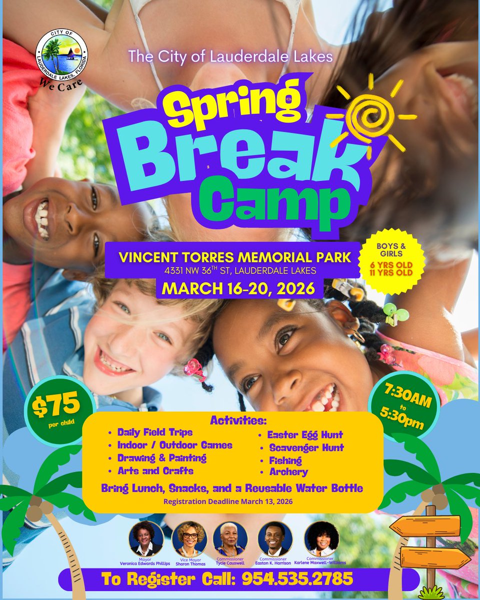 LLakes_WeCare's tweet image. 🌞 Spring Break Camp 2026 is here! For kids 6–11, March 16–20, 7:30AM–5:30PM at Vincent Torres Park. 🎨🐟 Daily fun: games, crafts, field trips, fishing &amp;amp; more! $75/child. Lunch &amp;amp; water bottle required. Limited spots—register by Mar 13! Call 954-535-2785. #SpringBreakCamp