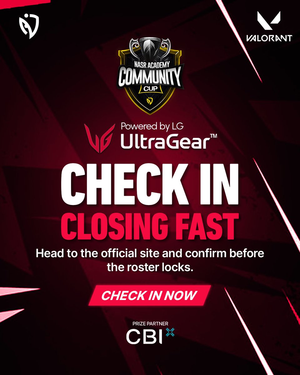 NasrEsports's tweet image. Roster locking. Check in. 🔒⏳

#LastCall #FinalChance #RosterLocking #CheckInNow #DontMissOut #Valorant #ValorantEsports #GameOn
@LGUltraGearDE @LGUltraGearUK @CBIxAE @NASR_Academy
