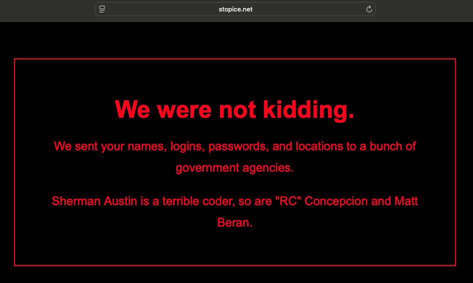 Patriotas americanos hackean la principal web anti ICE y envían toda la información de sus usuarios al Gobierno de Donald Trump.

Seguir: <a href="/elalcazar_es/">El Alcázar</a>