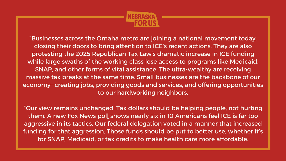 NebraskaForUs's tweet photo. A statement from State Director Angie Lauritsen as small businesses in the metro and across the country participate in today's general strike. #DefendingTheGoodLife https://t.co/MNbFSHUC8y