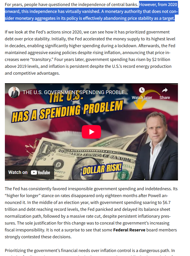dlacalle_IA's tweet photo. Powell presided over one of the worst periods of Fed mistakes:

❌ Massively easing in the middle of a forced lockdown. By far the largest QE seen before.
❌Perpetuating ultra-loose policy into a government spending frenzy that caused the worst inflationary spiral in recent history.
❌ Hiking rates too fast, hurting families and SMEs, but keeping loose liquidity measures to ensure government indebtedness was easier.
❌ Cutting rates massively in an election year without data to support it.
❌Delaying rate cuts due to a false narrative about tariffs.

https://t.co/5yCmasOMpt