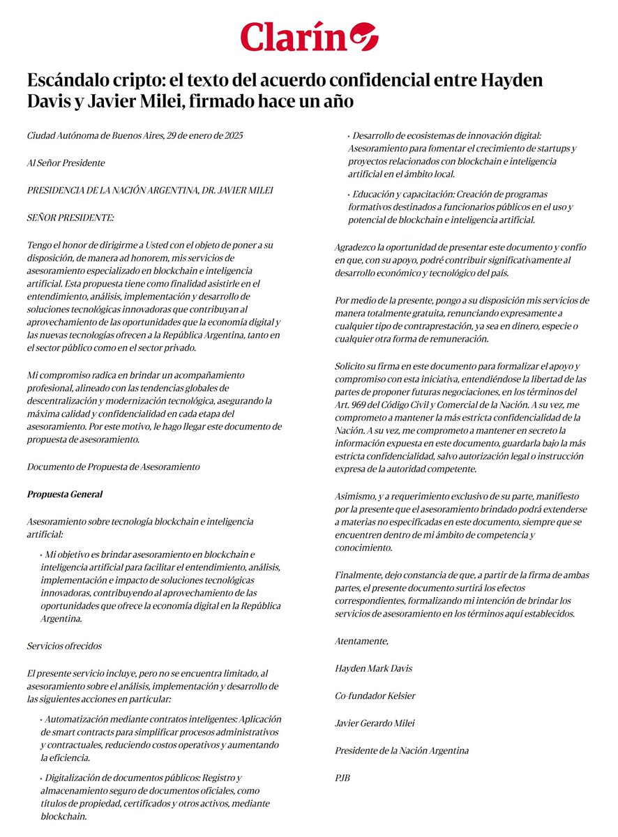 🔴EXPLOTÓ TODO🔥

Clarín publicó el texto del acuerdo que firmó  en secreto Javier Milei con #HaydenDavis.

Apenas 15 días antes de la estafa de $Libra