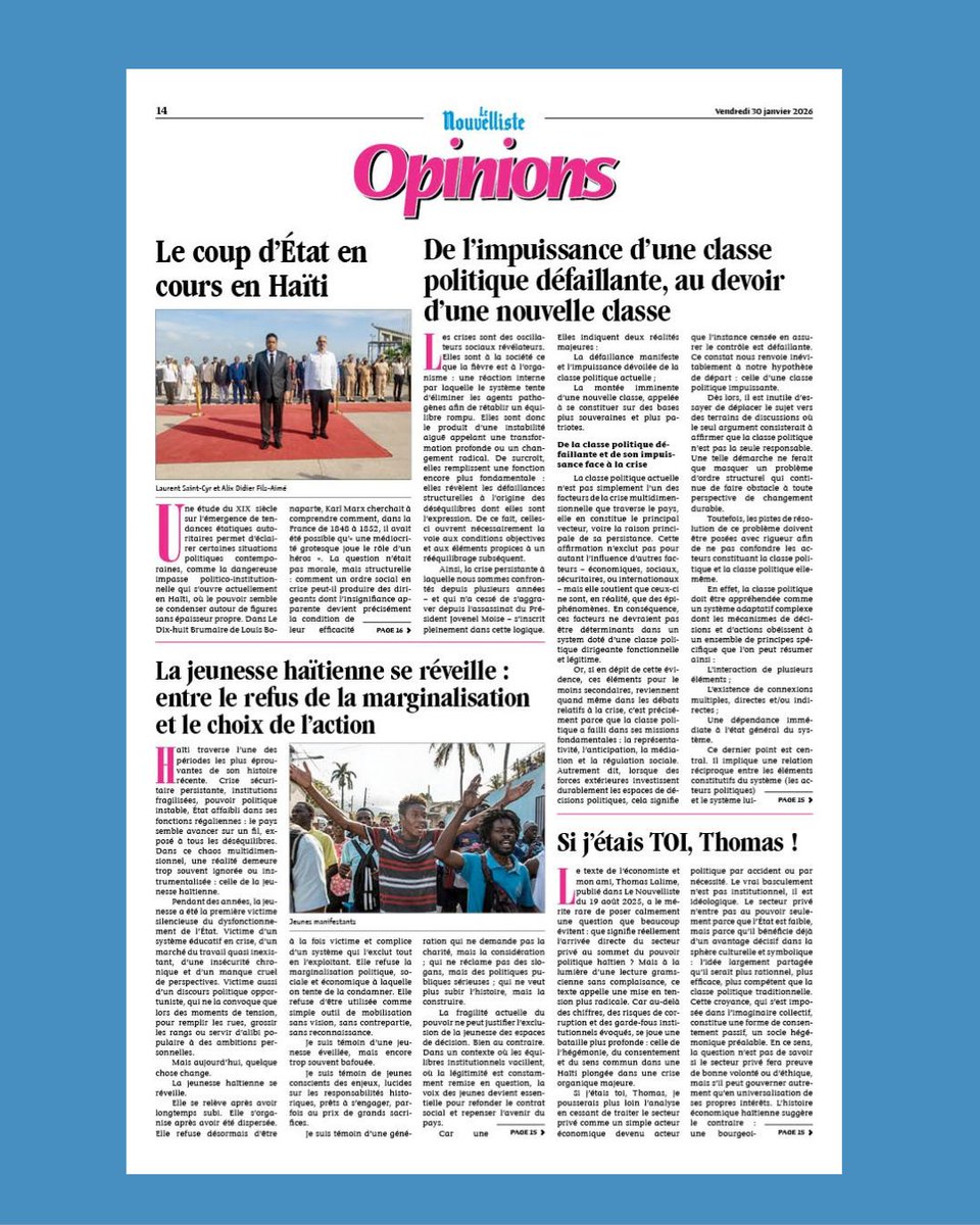 nouvelliste's tweet photo. 🗓 Voici la une des autres rubriques 

📰 . Vendredi 30 janvier 2026

#lenouvellisteune #lenouvellistehaitiune https://t.co/BUyM8ShxHK