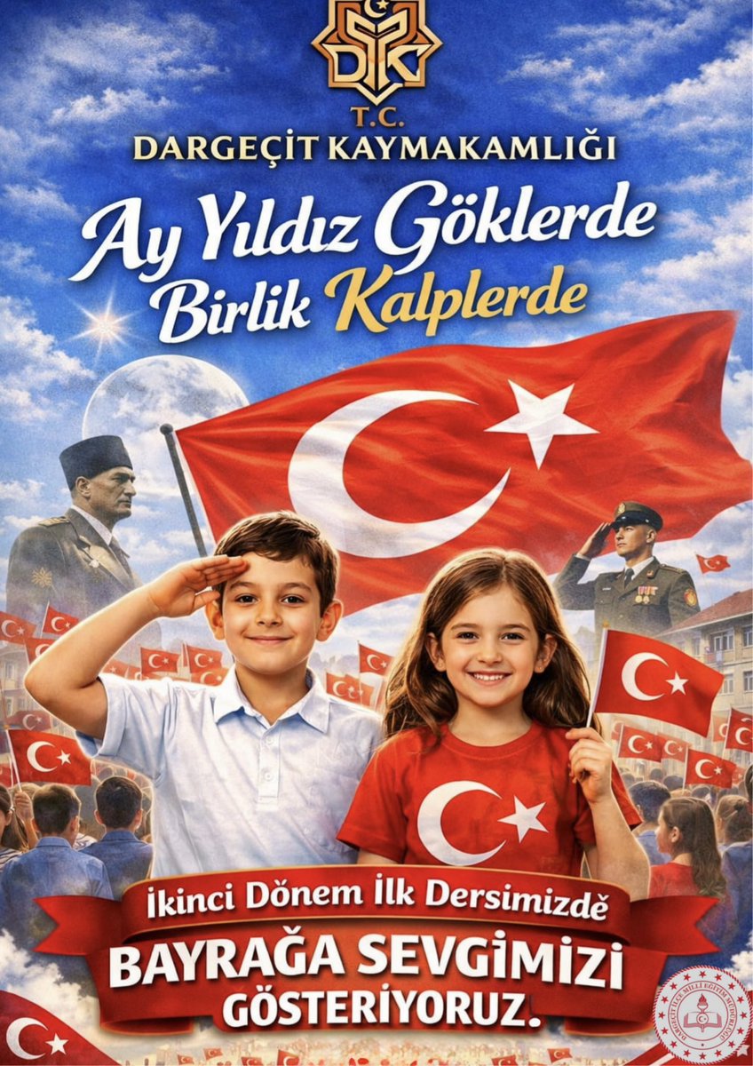 🇹🇷İLK DERSİMİZ BAYRAK SEVGİSİ

2025-2026 Eğitim Öğretim Yılı II. Döneminin ilk haftasında
okullarımızda bayrak sevgisi, millî birlik ve ortak aidiyet bilincini güçlendirmeye yönelik etkinlikler gerçekleştirilecektir.

Bayrağımız; bağımsızlığımızın, birlik ve beraberliğimizin,