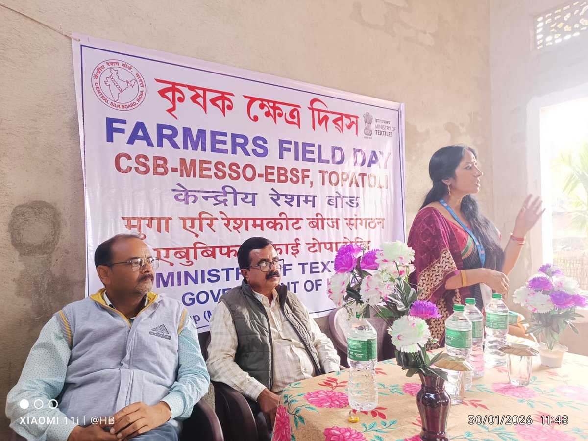MssoSilk's tweet photo. Farmers’ Field Day Programme was organised on 30.01.2026 by CSB–MESSO, EBSF Topatoli at Topatoli Gaon. The programme was addressed by the Manager, State Eri Seed Grainage, Topatoli, along with Scientist-D and the EBSF technical team.
The session covered scientific eri seed crop rearing and quality seed cocoon production. Farmers actively participated, sharing field experiences and practical issues, followed by an interactive discussion promoting improved rearing practices.@LalithaNM2010 @EBSFCSB2020 @IfsSivakumar @PIBTextiles @csbmot @TexMinIndia