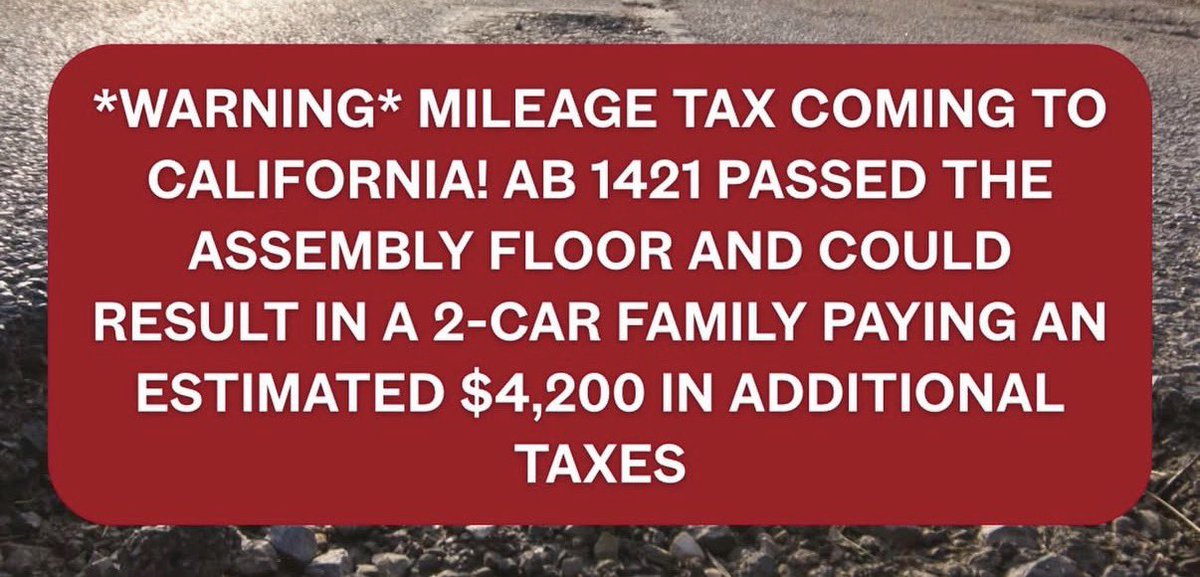 HOLY SMOKES 🔥 In <a href="/GavinNewsom/">Gavin Newsom</a>’s California, State Democrats are at it AGAIN trying to SLAM drivers with a new MILEAGE tax!

AB 1421 just PASSED the Assembly floor and could force EVERY Californian to PAY 6 to 9 cents for every mile they drive.  

They’re estimating an EXTRA