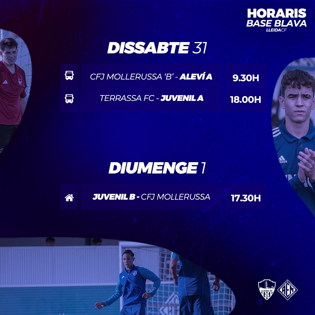 LleidaCF's tweet photo. Aquests són els horaris d’aquest cap de setmana de la Base Blava! 💙💪🏻
#BaseBlava #MésViusQueMai #LleidaCF https://t.co/SU06O55O0W