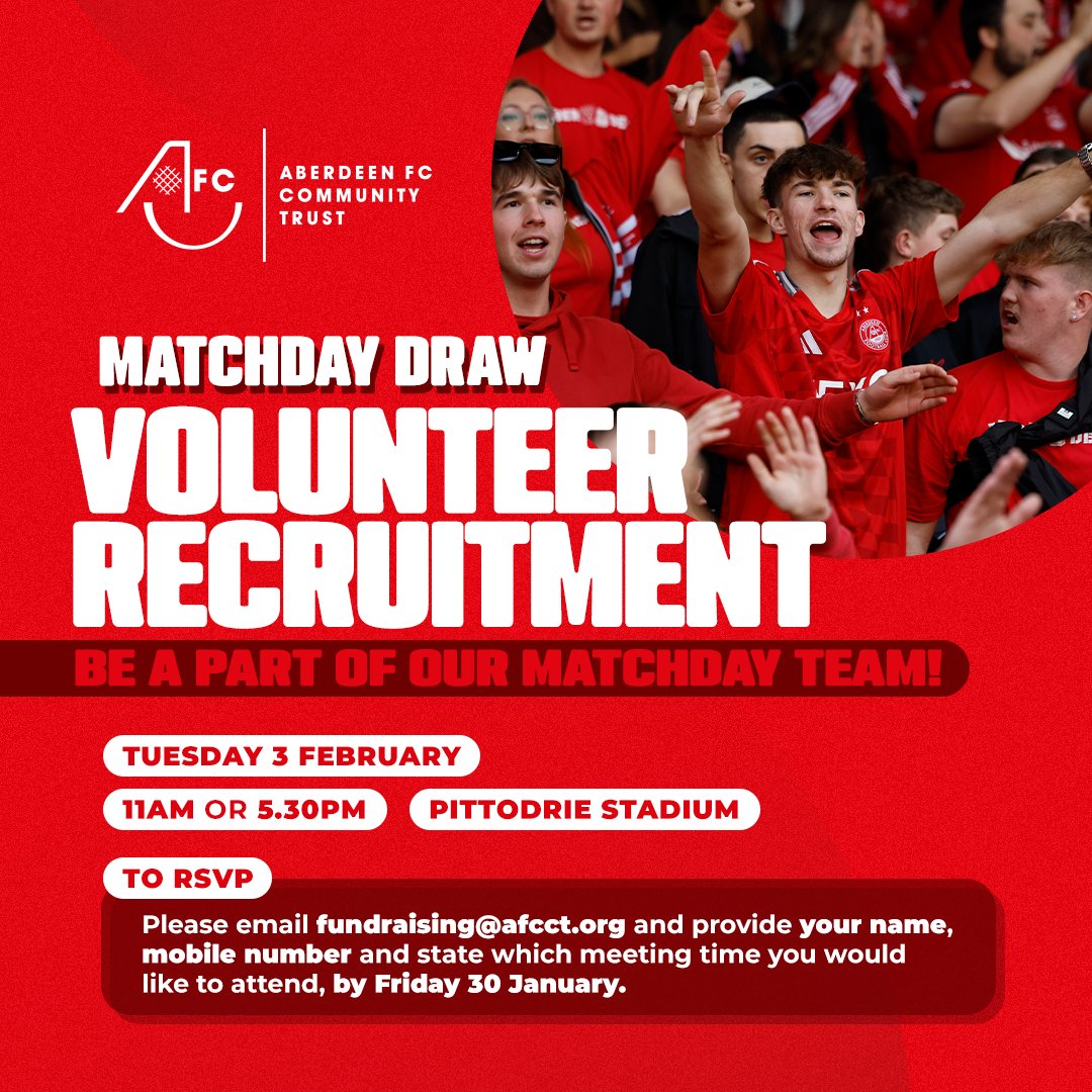 AFCCT's tweet photo. 📣 Why should you join the Matchday team?

This opportunity allows you to be in amongst matchdays at Aberdeen Football Club whilst playing your part in supporting AFCCT!

Not only is this a fantastic role to add to your CV or volunteering experience but you also receive a complimentary ticket to attend the match and a refreshment voucher 🎟

To attend our recruitment session on Tuesday 3rd February, email us below!

📩  fundraising@afcct.org

Greenwell | Kore Solutions