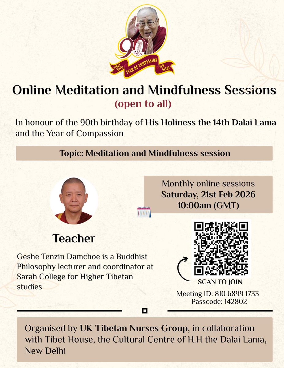 uktibetannurses's tweet photo. Please save your date for our next online meditation and mindfulness session with Geshe Tenzin Damchoe la. https://t.co/5VKBGh37Yk