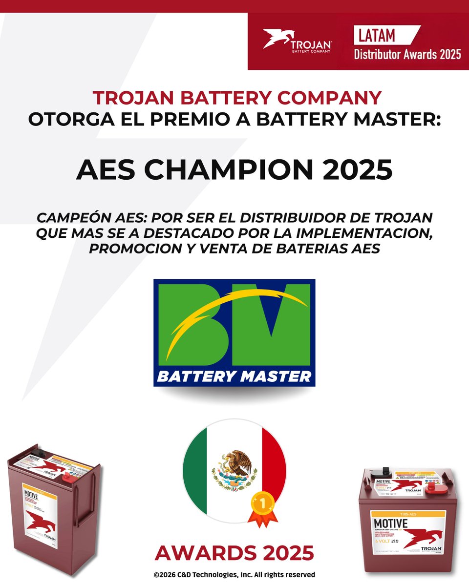 BatteryMasterMX's tweet image. ¡Un logro que nos impulsa a darte más energía! 🔋🇲🇽

Recibir el reconocimiento AES Champion 2025 de Trojan Battery Company nos llena de agradecimiento. Este premio no es solo por "vender baterías"

#BatteryMaster #TrojanBattery #EnergíaQueMueve #AESChampion #México #Gratitud