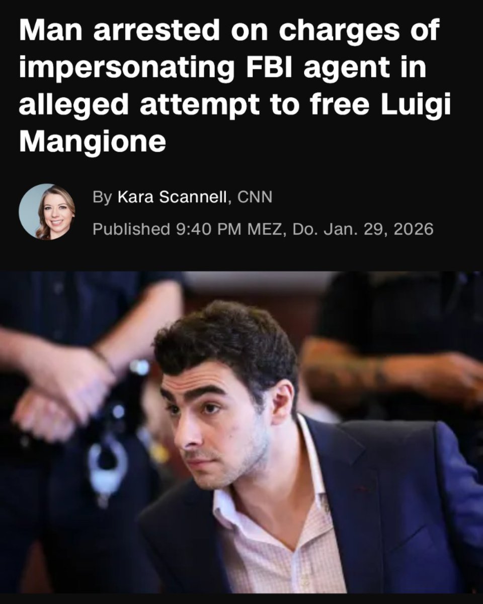 soviet_1917's tweet photo. Good News: Luigi Mangione wird nicht hingerichtet. Skurrile News: Am Tag zuvor hat ein Typ versucht sich als FBI-Agent auszugeben um Luigi zu befreien, seinen Führerschein als "FBI-Ausweis" gezeigt — und er hatte eine Grillgabel und einen PIZZASCHNEIDER dabei? https://t.co/l2pbc379O7