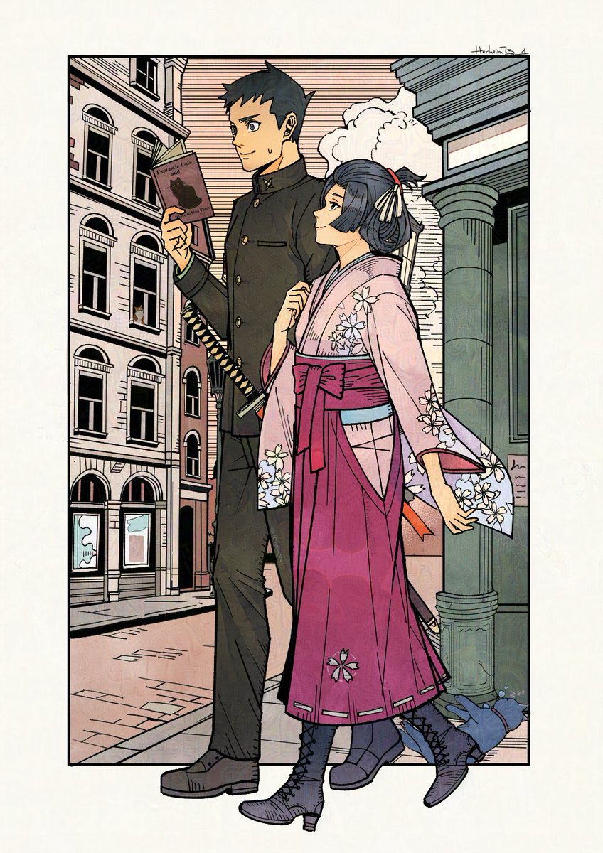 #Thegreataceattorney #TGAA 
Ryunosuke Naruhodo &amp; Susato Mikotoba 

(Susato: I have always heard that there're a lot of cats in London, can you kindly tell me where to look for them?)