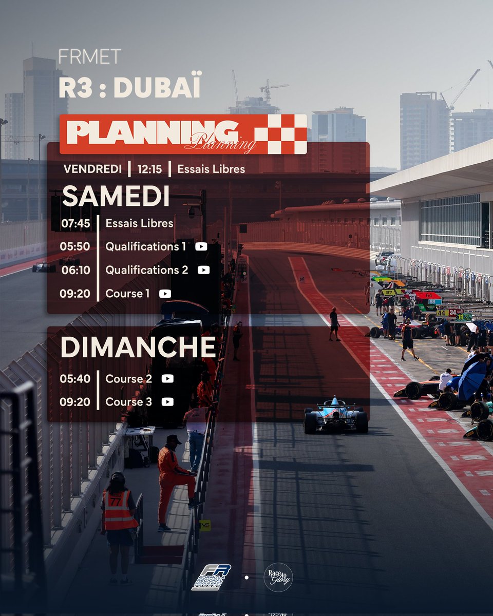 FRMET 3/4 🇦🇪 | PLANNING

Le programme de ce 3ème week-end à Dubaï 🇦🇪.

Des horaires très matinales pour nous en France 😅.

Dubaï avait bien réussi à nos français l'année dernière. On espère la même chose cette année

#FRME