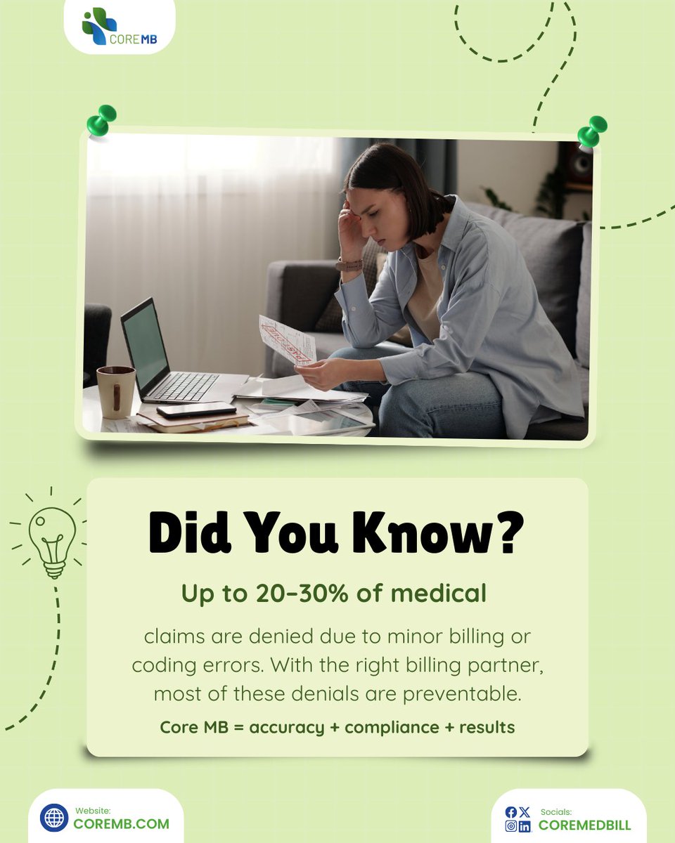 CoreMedBill's tweet photo. Did you know up to 30% of medical claims are denied due to avoidable errors?
With accurate coding and proactive follow-ups, Core MB helps prevent revenue loss before it happens.
.
.
#DidYouKnow #ClaimDenials #MedicalCoding #BillingAccuracy #HealthcareRevenue #CoreMB https://t.co/s2EZgE0eDQ