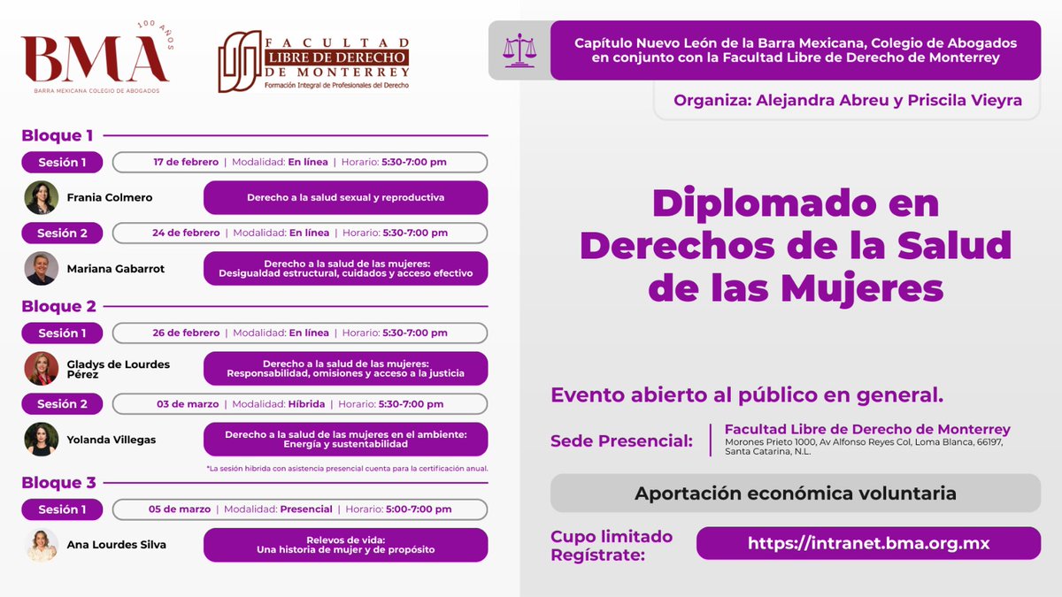 🎓 Diplomado en Derechos de la Salud de las Mujeres
La Barra Mexicana, Colegio de Abogados – Capítulo Nuevo León, en conjunto con la Facultad Libre de Derecho de Monterrey, te invitan a este diplomado con especialistas en la materia.
👉 Registro: intranet.bma.org.mx/events/diploma…