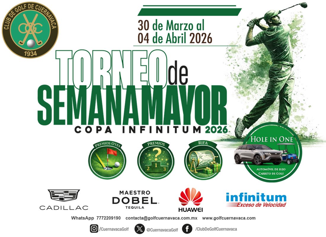 Cada golpe cuenta.
Esta Semana Mayor, compite en uno de los campos más emblemáticos del país y eleva tu juego en el Torneo de Semana Mayor del Club de Golf Cuernavaca.

Inscripciones abiertas: downloads.telmex.com/pdf/PosterTorn…