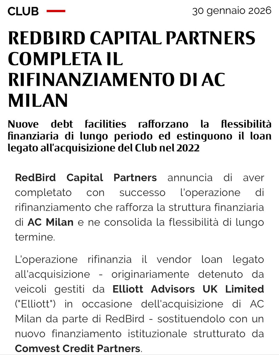 MartinSa1988's tweet photo. 🔴⚫️#RedBird annuncia di aver completato con successo l'operazione di rifinanziamento che rafforza la struttura finanziaria #Milan
L'operazione rifinanzia il vendor loan legato all'acquisizione, originariamente detenuto da Elliott, sostituendolo con un #Comvest Credit Partners https://t.co/1r40FPE6NA