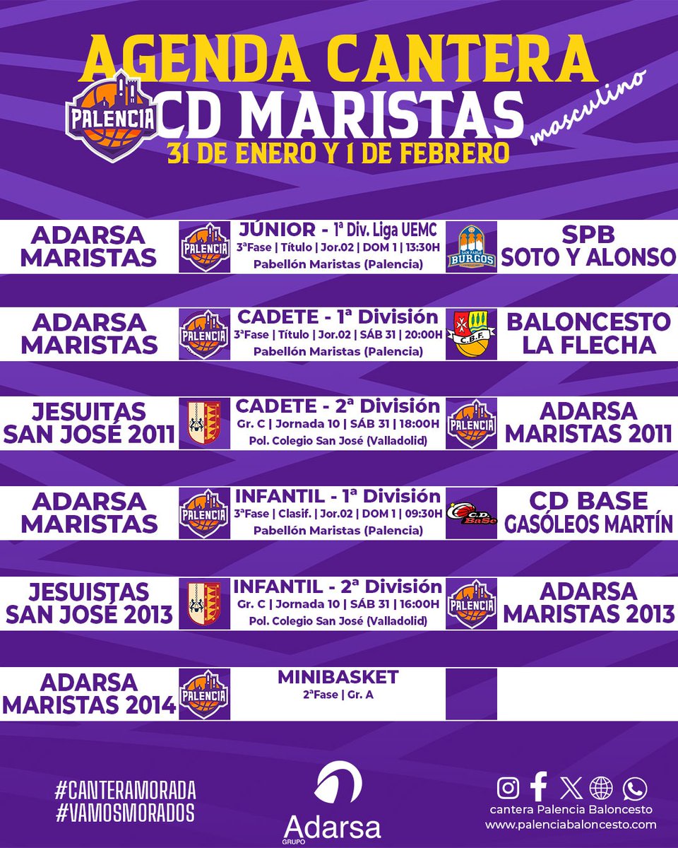 PBcantera's tweet image. #AgendaMorada | #Autonómicos @FBCyL

💜 Por cortesía del @grupoadarsa ofrecemos los encuentros que disputarán nuestros equipos este fin de semana

🟣 Derbis de nuestros equipos femeninos de 2a Divisióne Maristas

#CDMaristas
#VamosMorados
#GuerrerasMoradas