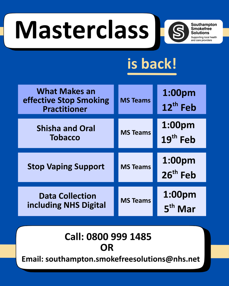 Exciting news, Masterclass sessions are back! As always, they are free to all. 
📞 calling: 0800 999 1485 or 
📧 email: southampton.smokefreesolutions@nhs.net 

❇️ Free informative sessions
❇️ Trained advisor lead
❇️ Opportunity for Q&amp;A's

#southampton #training #NRT