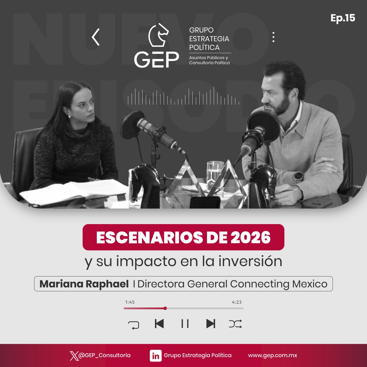GEP_Consultoria's tweet photo. 🎙️ #VisiónPolítica
¡Nuevo episodio disponible!

Damos inicio a la segunda temporada de Visión Política con un episodio para entender lo que viene en 2026.@gustavoalmarazp, Presidente Ejecutivo de Grupo Estrategia Política, conversa con @marianaraphael_ , Directora General de @ConnectingMex , sobre los escenarios que se perfilan para este año y los factores que podrían marcar el rumbo de la inversión en México y América Latina, en el marco del segundo aniversario de @ConnectingMex.

🎧 Disponible en Spotify:https://t.co/dp8lqEOkic
▶️ Disponible en YouTube:https://t.co/OTJw9IFuxP

#Podcast #Coyuntura #Política #México #AméricaLatina #Inversión #AnálisisPolítico #RelaciónTrilateral #TMEC