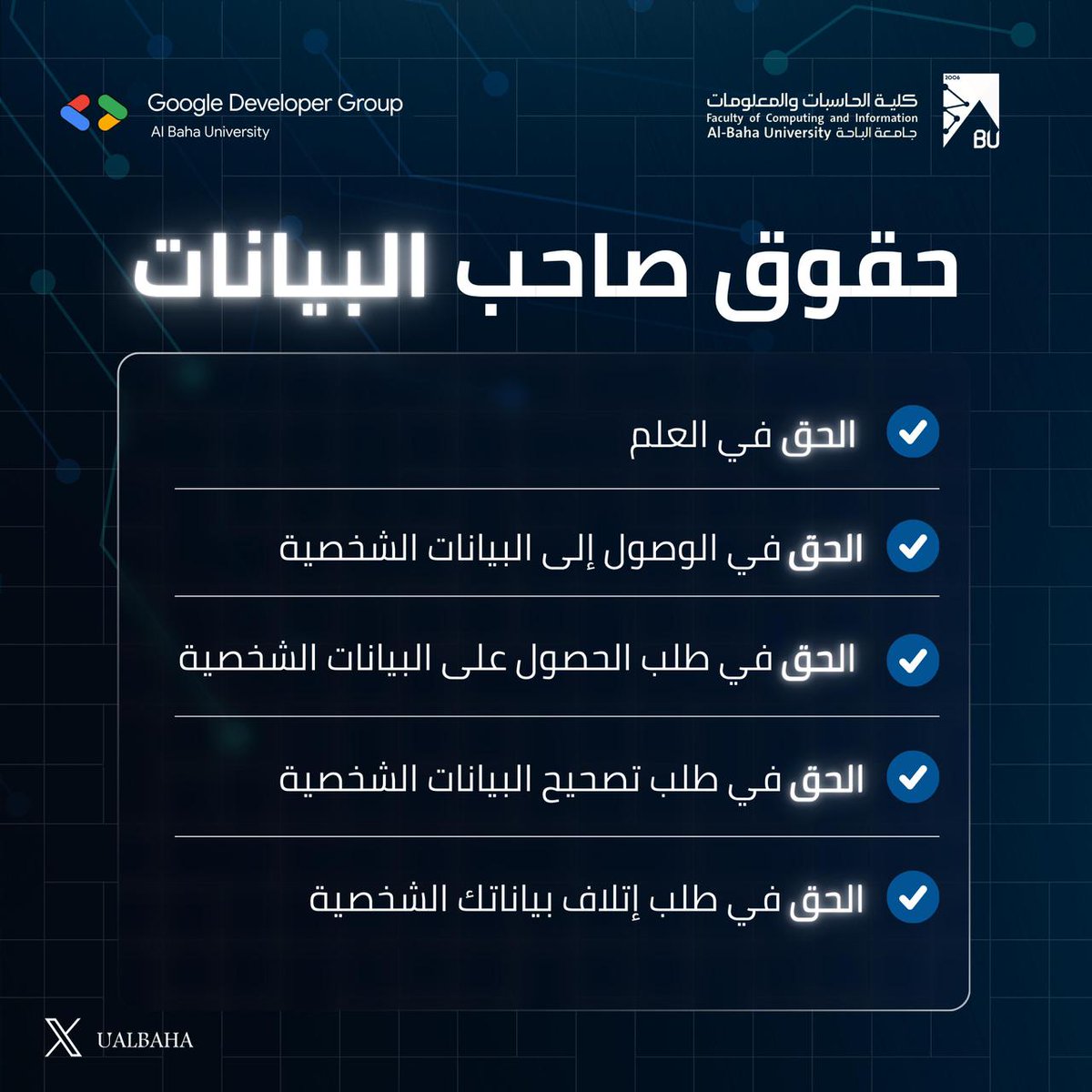 UALBAHA's tweet photo. #اليوم_العالمي_لخصوصية_البيانات
#DataPrivacyDay
#كلية_الحاسبات_والمعلومات
#GDGBU https://t.co/XhI9HDnWev