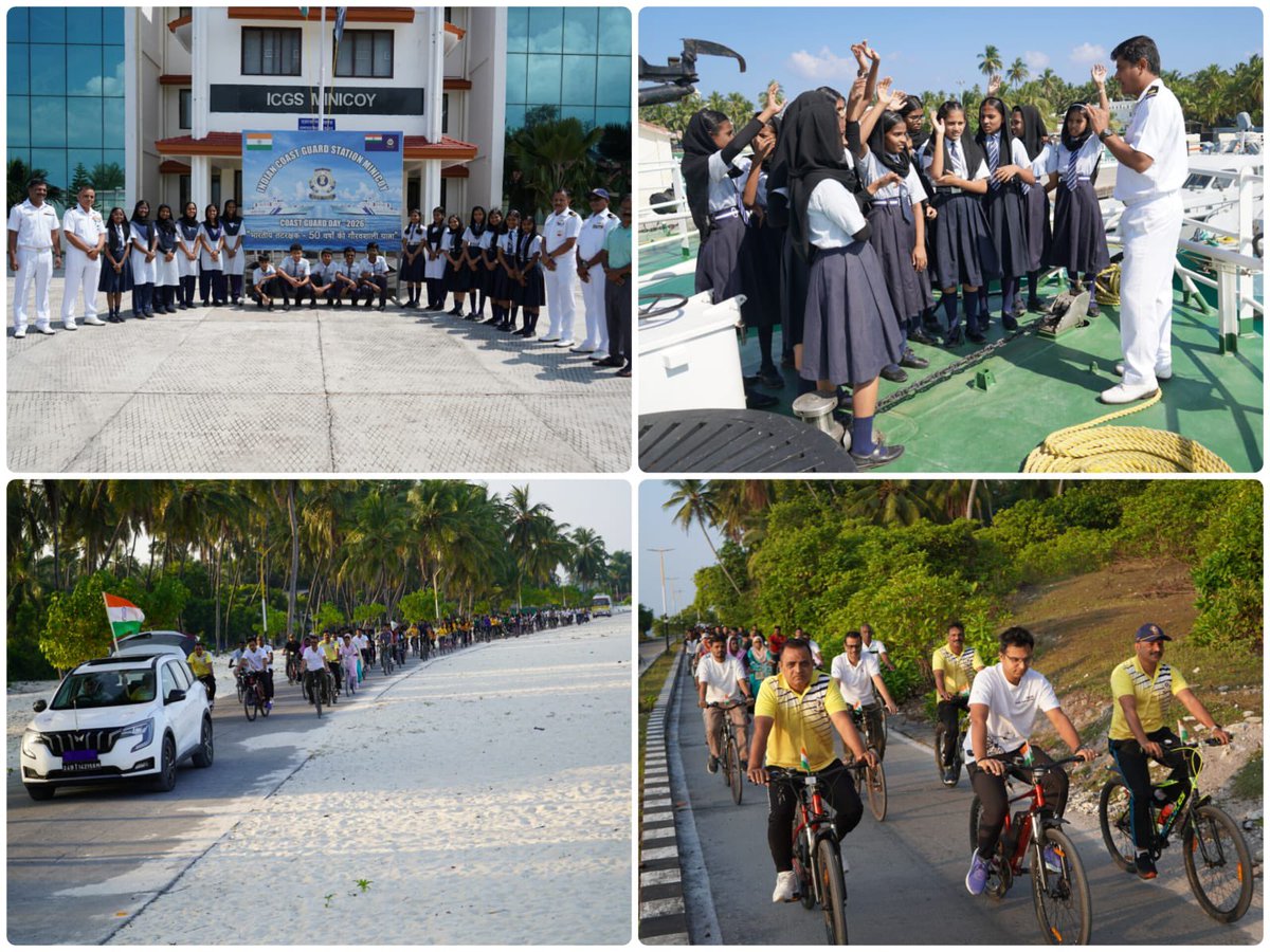 IndiaCoastGuard's tweet photo. As a prelude to the 50th #ICGRaisingDay2026, @IndiaCoastGuard District HQs #Lakshadweep and units organised a vibrant series of outreach and community centric events at #Kavaratti, #Androth & #Minicoy. Activities included Painting & Quiz Competitions, Walkathon, Special Coastal Clean up Drive, visits of school children to #ICG ships/establishments, Community Interaction Programmes, Cycle Rally and Tree Plantation Drive. The initiatives witnessed enthusiastic participation from #IndianNavy, #IndianAirForce, #CRPF, #IRBN, civilian organisations, schools, fishermen communities and representatives of the UT Administration, reinforcing collective commitment towards maritime safety, environmental stewardship and community connect.
#WeProtect
#ICGRaisingDay2026