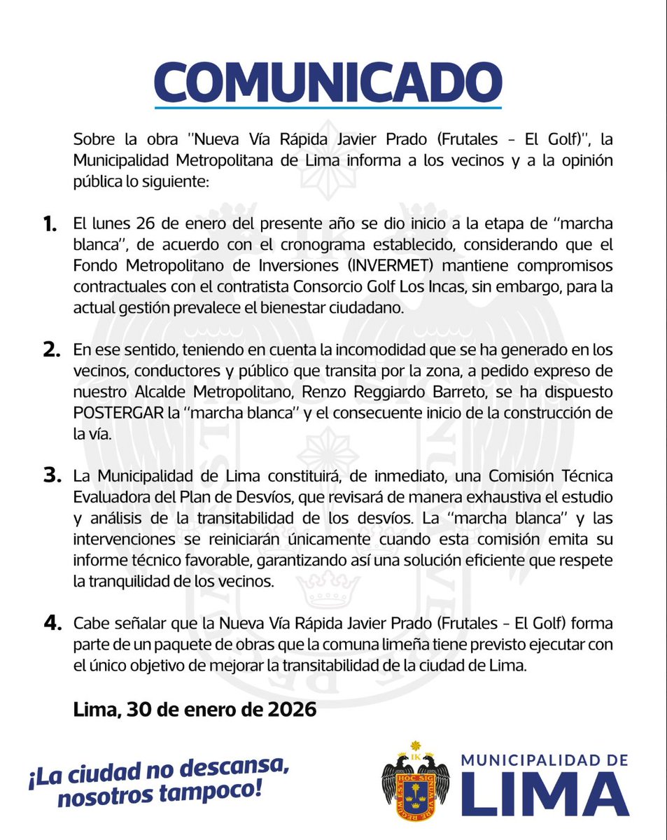 🚨La <a href="/MuniLima/">Municipalidad de Lima</a> postergó el inicio de las obras del viaducto de la av. Javier Prado, tras denuncias por los graves problemas de tránsito que se registraron. Pese a que el proyecto ya estaba en marcha, la comuna anunció que creará una Comisión Técnica para evaluar los planes de
