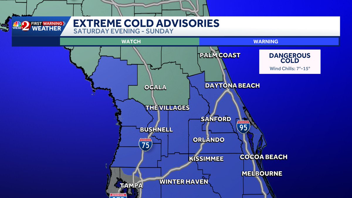 TMainolfiWESH's tweet photo. RARE EXTREME COLD WARNINGS now up for Central #florida #Marion and #Flager to upgrade shortly folks! Here's the dufference between the two. Stay with #weshwx for more on this record #Cold. #winter #frigid #arctic https://t.co/hvGZEoScip