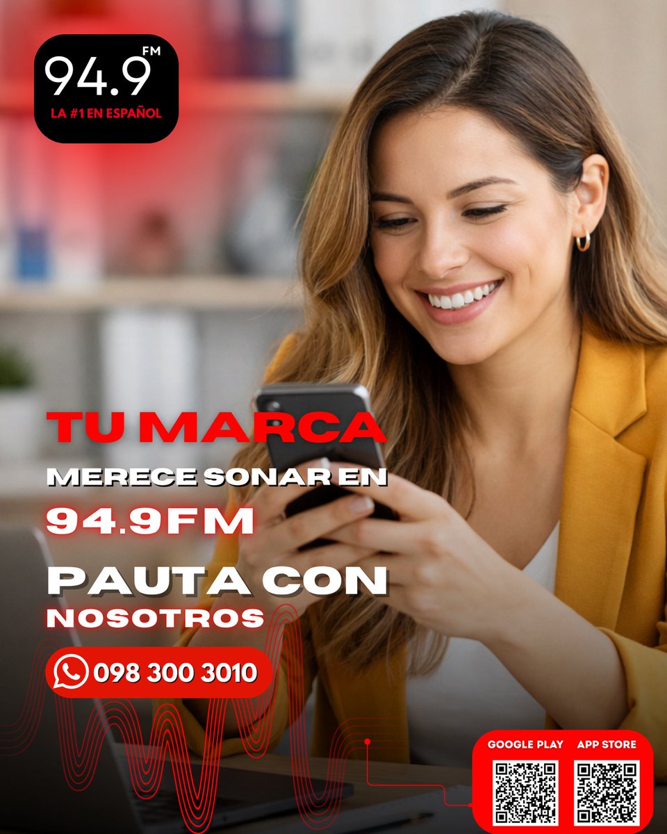 Tu marca merece sonar en 94.9 FM 📻🔥
Haz publicidad con nosotros y llega a más personas, con planes hechos para tu negocio.

Arma tu plan y ahorra:
✅ 3 meses: 15% OFF
✅ 6 meses: 20% OFF
✅ 12 meses: 25% OFF

📲 Cotiza y reserva tu paquete por WhatsApp: 0999 750 800 💬
#949FM