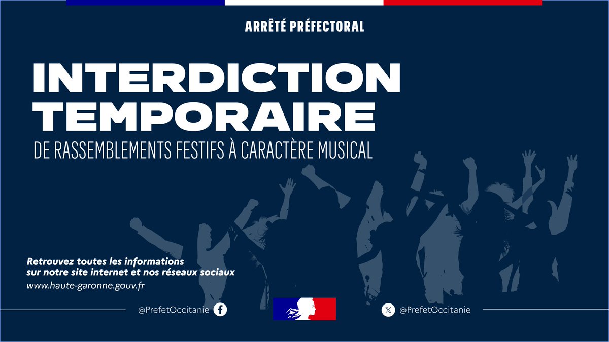Image de Préfet d'Occitanie et de la Haute-Garonne - #ArrêtéPréfectoral | Interdiction temporaire de rassemblements festifs à caractère musical (free-par