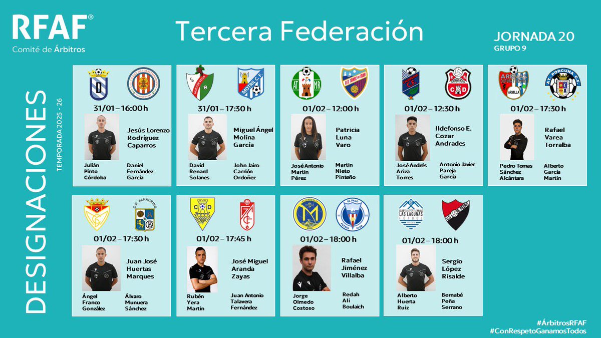 🅰️𝗿𝗯𝗶𝘁𝗿𝗼𝘀 <a href="/RFAF/">RFAF</a> 

Colegiados designados para la jornada 1️⃣0️⃣ en 𝑻𝙀𝑹𝘾𝑬𝙍𝑨 𝑭𝙚𝒅𝙚𝒓𝙖𝒄𝙞𝒐́𝙣 

#Árbitrosrfaf
#ConRespetoGanamosTodos
#ArbitrosRFAF