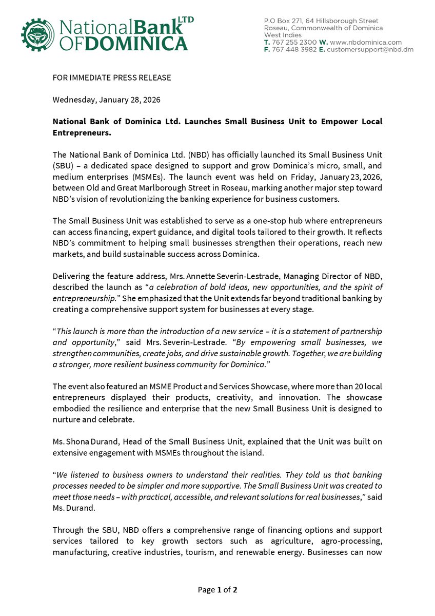 Invest_Dominica's tweet image. National Bank of Dominica launched its Small Business Unit on Jan 23, 2026 to support MSMEs. IDA stands ready to complement with technical support &amp;amp; incentives.

(767) 448-2045 | info@investdominica.dm | investdominica.com

#InvestDominica #MSMEs #NBD #FYP #Marketing