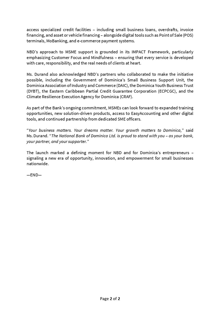 Invest_Dominica's tweet image. National Bank of Dominica launched its Small Business Unit on Jan 23, 2026 to support MSMEs. IDA stands ready to complement with technical support &amp;amp; incentives.

(767) 448-2045 | info@investdominica.dm | investdominica.com

#InvestDominica #MSMEs #NBD #FYP #Marketing