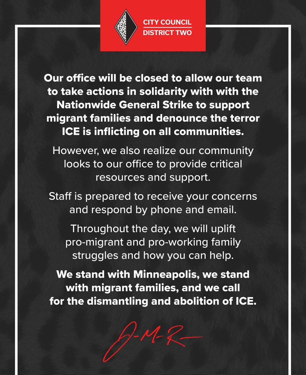 CouncilmanJalen's tweet image. Today our office will be closed to allow our team to take actions in solidarity with with the Nationwide General Strike to support migrant families and denounce the terror ICE is inflicting on all communities. #generalstrike