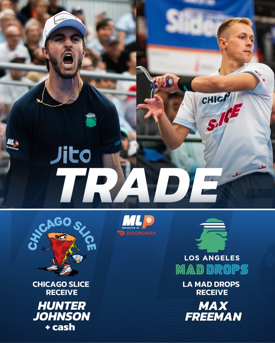 TRADE ALERT 🚨

Los Angeles Mad Drops receive Max Freeman 
Chicago Slice receive Hunter Johnson &amp; cash

Teams are making moves ahead of the February 15 Keeper Deadline. 
Follow along on the MLP Trade Window #1 tracker - majorleaguepickleball.co/news/mlp-2026-…