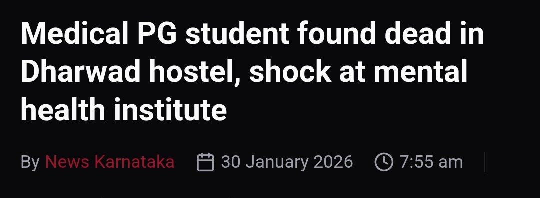 Themedverse's tweet photo. A 25-year-old MD Psychiatry student was found dead by suicide at the DIMHANS hostel in Dharwad.

Authorities noted that student had recently expressed a lack of interest in her course.

Rest in peace 🙏 https://t.co/arKHzWxfys