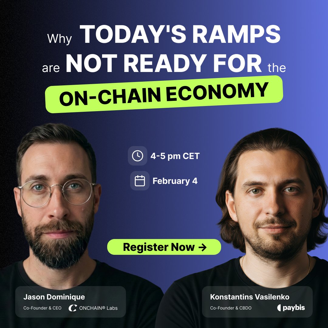 Maverick_LV's tweet photo. Your future self will thank you for registering for this webinar 🙏

Because right now, a first-time user just hit your onboarding flow and left. You built something valuable, but they never got to see it. Confused by the wallet setup, frustrated by gas fees, gone before they even started.

Around 7 out of 10 users drop off before completing their first on-chain transaction ☝️

The next 100 million Web3 users demand speed, simplicity and instant ownership. The platforms that remove this friction first will lead the next wave of adoption.

📅 Feb 4 | 4 PM CET
⏱️ Duration: 1 hour

Don’t miss this session! Learn how @OfficialONCHAIN  and @paybis  are making fiat → on-chain seamless and why traditional crypto onboarding can’t keep up.

At Paybis, we know complexity is the biggest barrier to Web3 adoption. If you're a Web3 builder, fintech leader or developer struggling with complex user onboarding, this session is for you!

We’ll show you how to eliminate the barriers killing your conversions: gas fees, repeated KYC, confusing wallet setups.

👉Register now and stop losing users: https://t.co/Ms5vCQFR4n