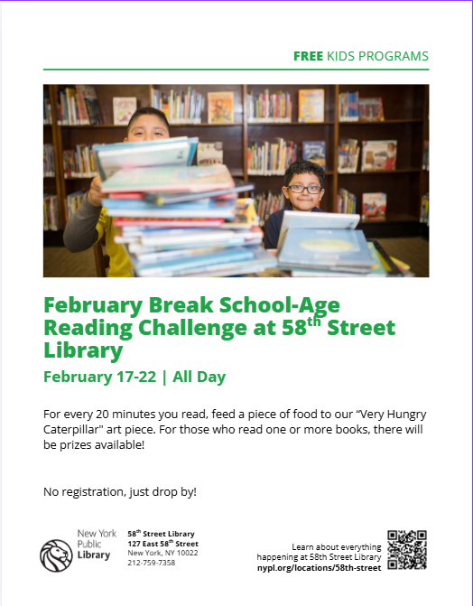 58STLIBRARY's tweet photo. Ready, set, START READING. Starting February 17th, 58th Street Library will be participating in the February Break Reading Challenge. Check out the details below and see you there! https://t.co/itd4BHLD7C