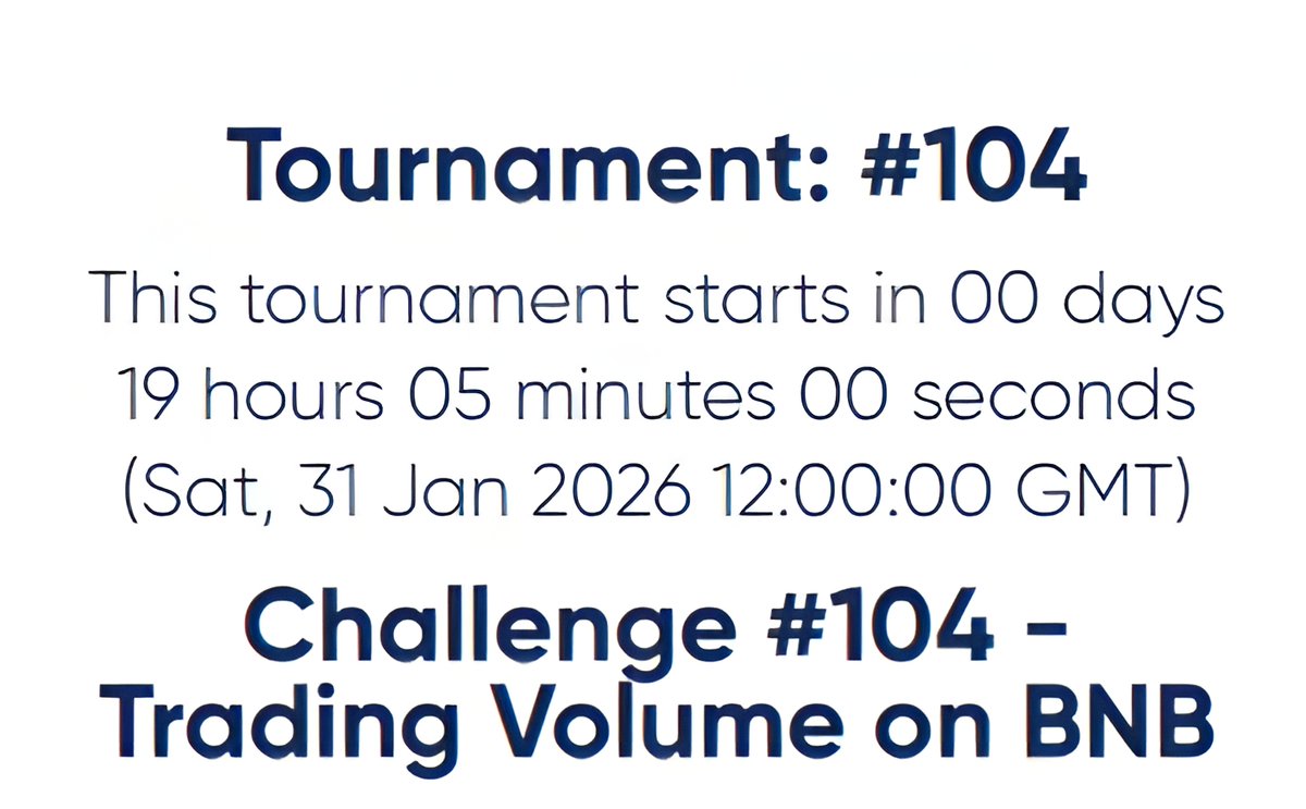 ⏰ Countdown ON!
⏳ Starts Sat, 31 Jan 12:00 GMT
💎 Challenge: Trading Volume on BNB

Leaderboard platform.playtrade.win/tournaments

Trade more. Climb the leaderboard. Win big.
Are you ready? 🔥
#PlayTradeWin #PlayToEarn #Tournament104 #BNB #CryptoTrading