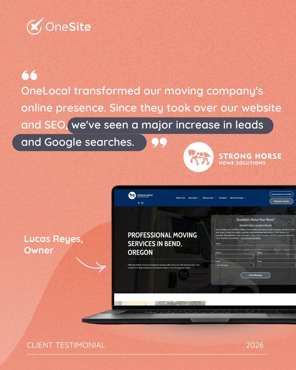 🚛 From "Homemade" to 10/10 Results!

We love seeing our partners succeed! Lucas Reyes from a local moving company recently shared his experience with the OneLocal team.

Lucas says: "OneLocal has been a tremendous asset to my moving company. They transformed my homemade website