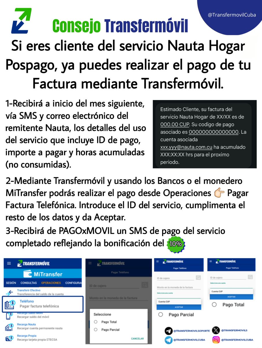 Los clientes de los servicios nauta hogar post pago pueden ya realizar el pago de sus facturas por #Transfermóvil #EtecsaTeAcompaña #EtecsaConCuba