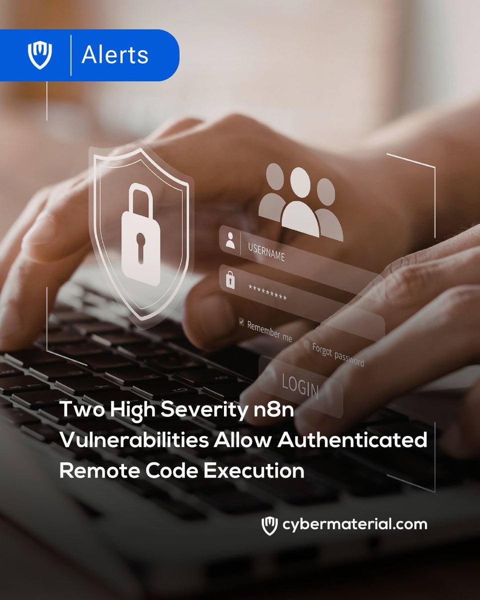 Cybermaterial_'s tweet photo. Two High Severity n8n Flaws Enable RCE 
Read More: https://t.co/FQujn9eJvv 

#n8n #WorkflowSecurity #AutomationSecurity #RemoteCodeExecution #DevSecOps #OpenSourceRisk #AppSec #VulnerabilityDisclosure https://t.co/186xG9GVbq