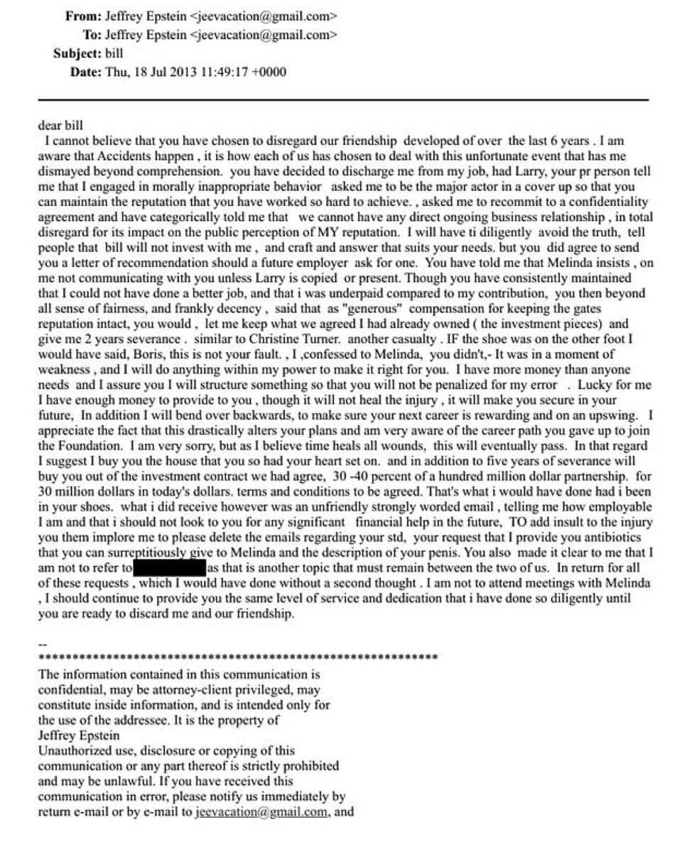 robbystarbuck's tweet image. Wow. In the Epstein emails DOJ dropped, Jeffrey sent himself emails memorializing a fight he had with Bill Gates. In it he says that Bill Gates got STD’s from Russian hookers, and then asked Jeffrey for antibiotics that Bill could secretly give to Melinda without her noticing. 😳