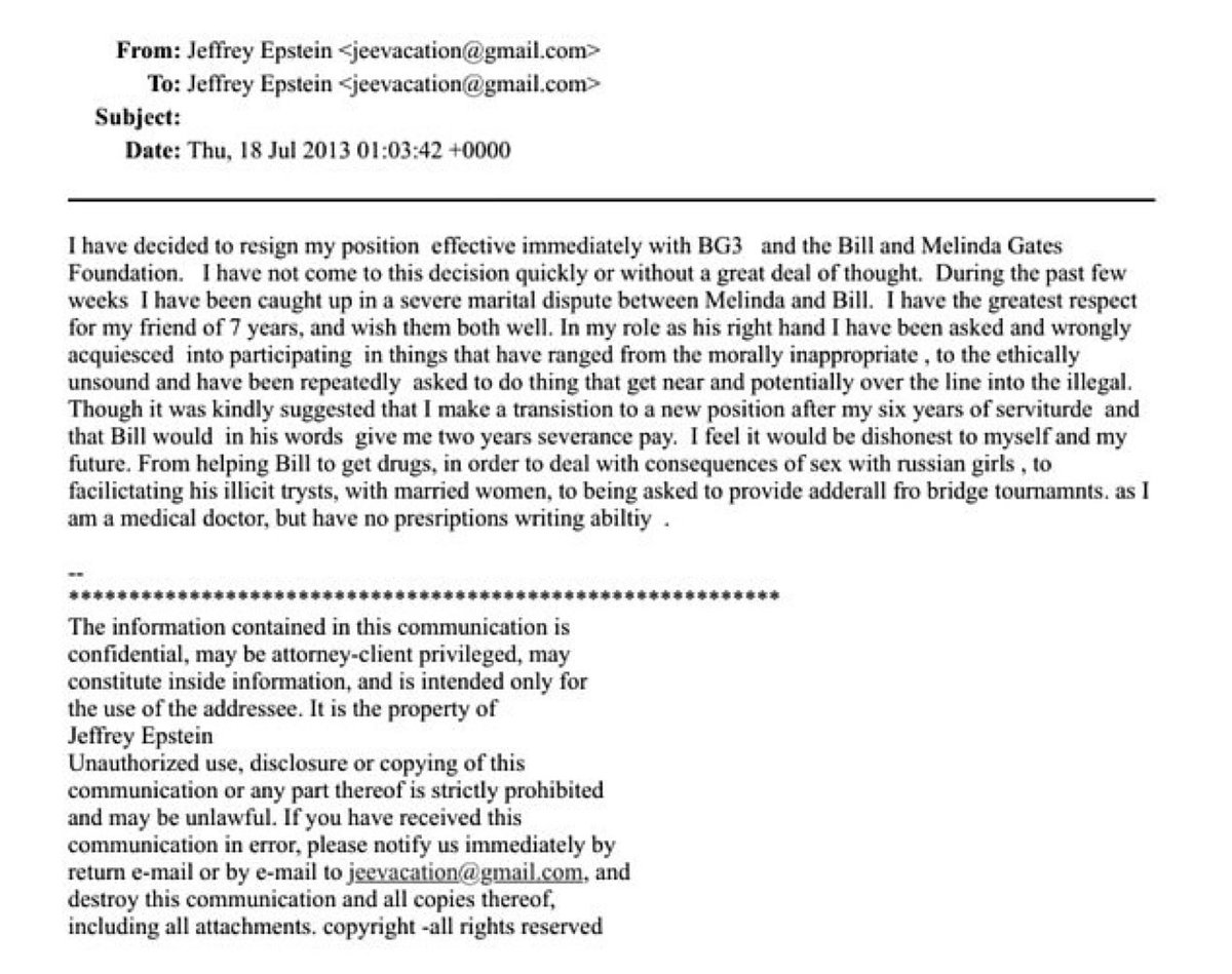 robbystarbuck's tweet image. Wow. In the Epstein emails DOJ dropped, Jeffrey sent himself emails memorializing a fight he had with Bill Gates. In it he says that Bill Gates got STD’s from Russian hookers, and then asked Jeffrey for antibiotics that Bill could secretly give to Melinda without her noticing. 😳