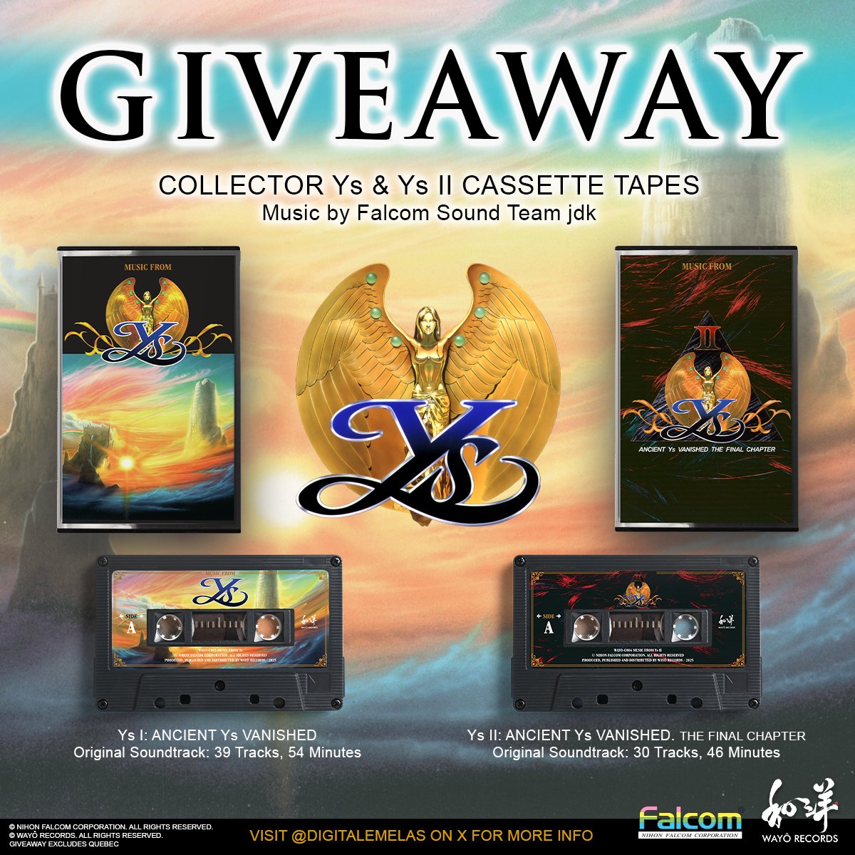 #Giveaway time! We're partnering with Wayo Records to spread awareness of #Ys. Win a pair of #Ys &amp; Ys II Cassette Tapes!! How to enter:

▶️ Follow <a href="/WayoRecords/">Wayô Records</a> + <a href="/DigitalEmelas/">Ys Series - Digital Emelas</a>
▶️ Repost
▶️ Tag a friend

Giveaway ends Feb 4th at 8pm EST. 
Goodluck!